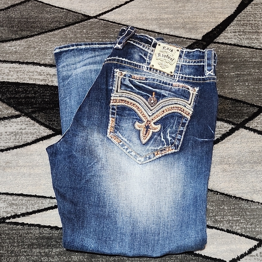 ROCK REVIVAL REMY EMBROIDERED FLEUR-DE-LIS FAUX-FLAP  RELAXED STRAIGHT DENIMJEAN